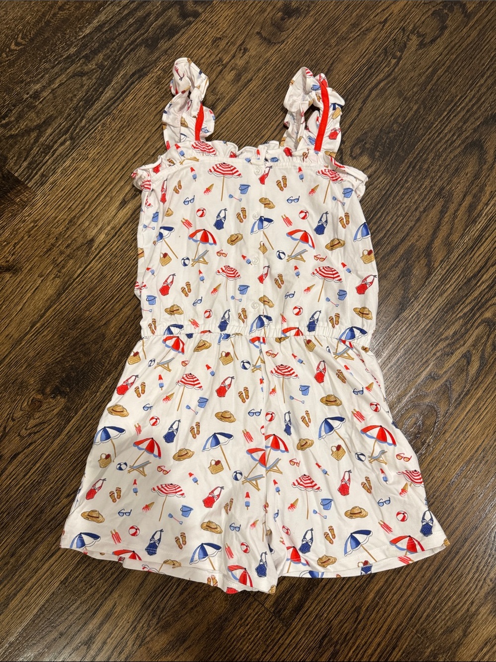 Girls Beach Print Ruffled Strap Romper - white, Red & Blue - Picture 4 of 4